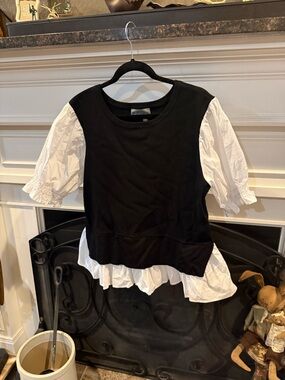 Anthropologie Black Knit Top with White Puff Sleeves